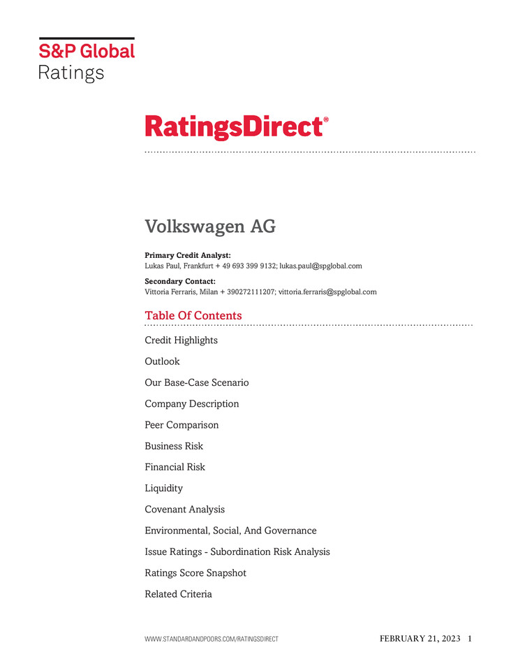 S&P Ratings Direct Volkswagen AG Release 21.02.2023