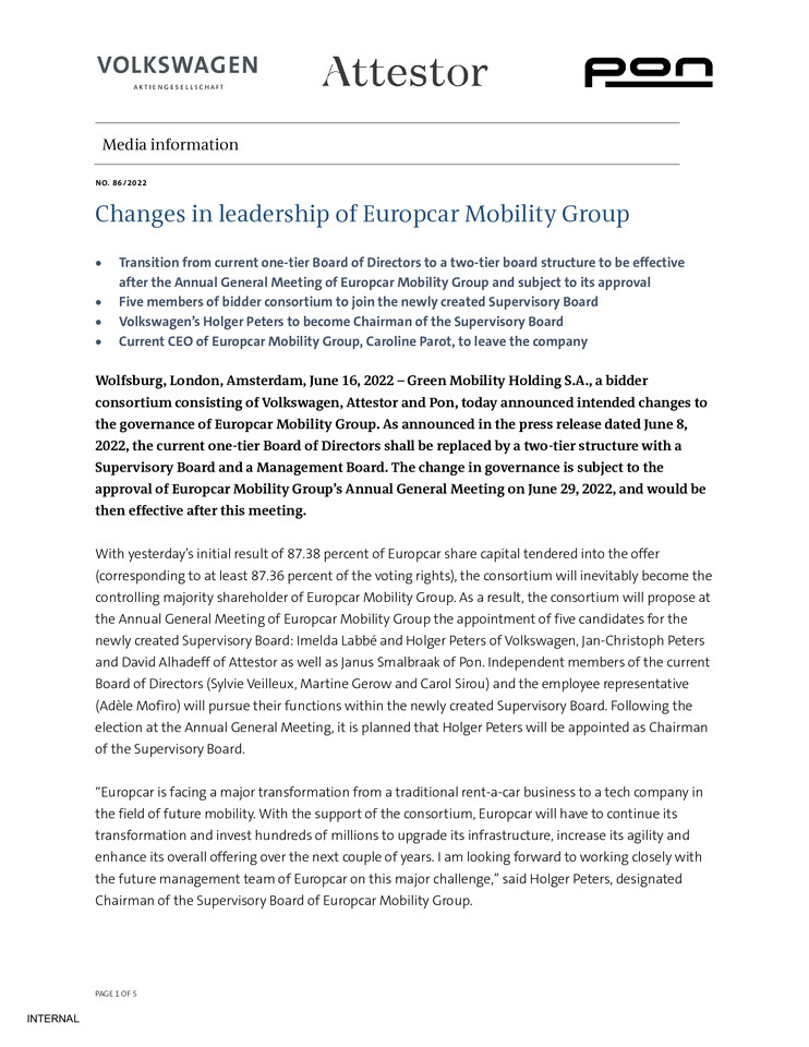 PM - Changes in leadership of Europcar Mobility Group