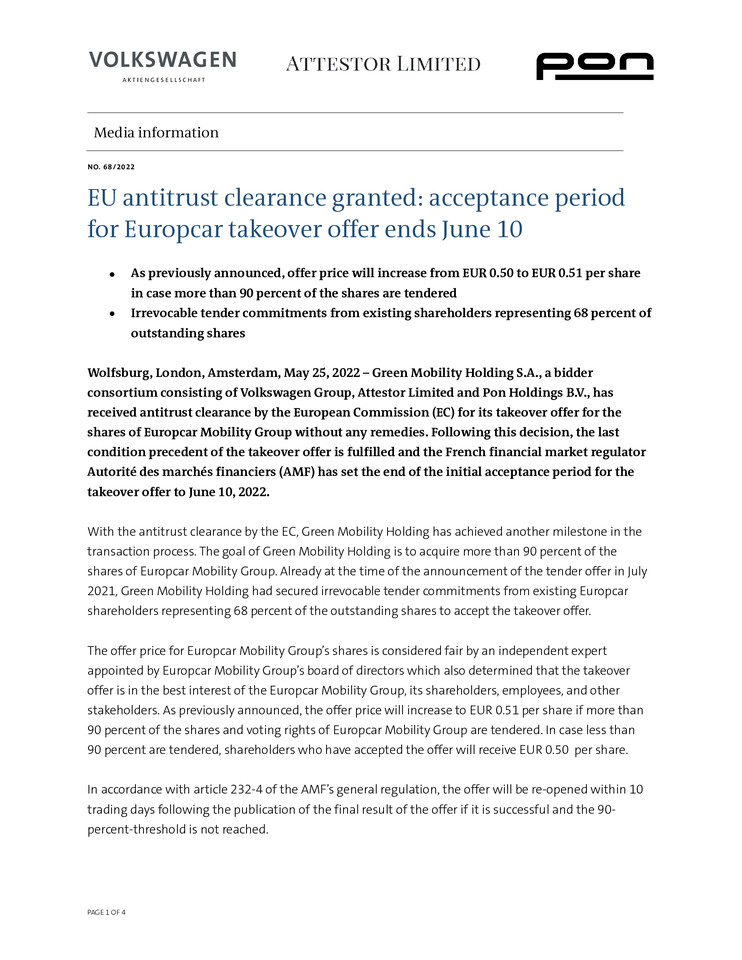 PM - EU antitrust clearance granted_acceptance period for Europcar takeover offer ends June 10