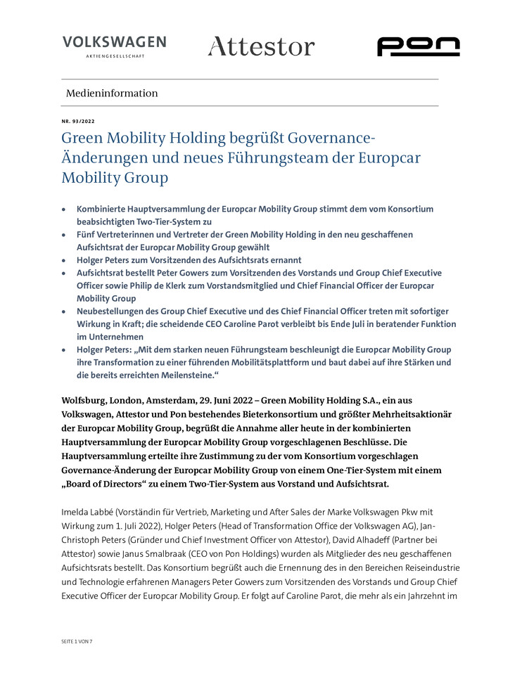 PM - Green Mobility Holding begrüßt Governance-Änderungen und neues Führungsteam der Europcar Mobility Group