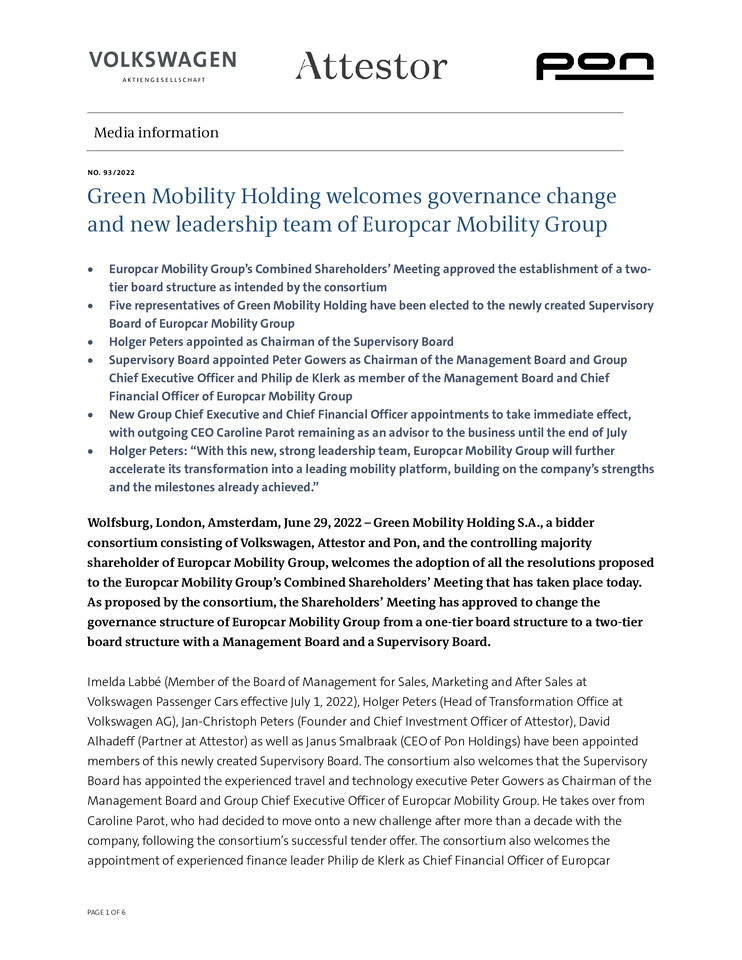 PM - Green Mobility Holding welcomes governance change and new leadership team of Europcar Mobility Group