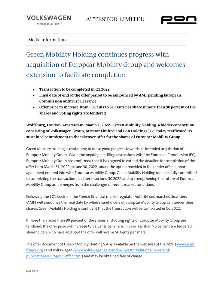 PM Green Mobility Holding continues progress with acquisition of Europcar Mobility Group