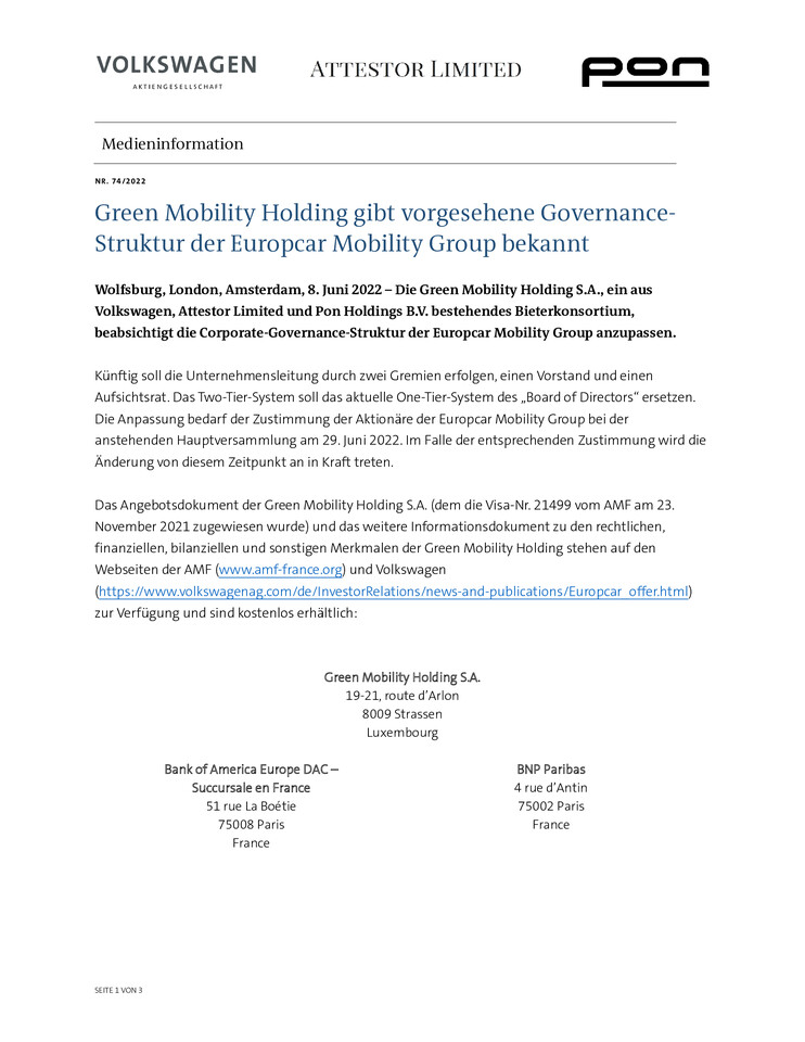 PM - Green Mobility Holding gibt vorgesehene Governance-Struktur der Europcar Mobility Group bekannt