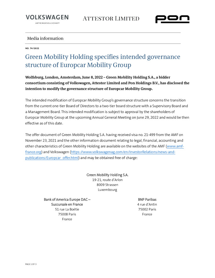 PM - Green Mobility Holding specifies intended governance structure of Europcar Mobility Group