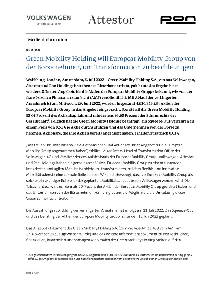 PM - Green Mobility Holding will Europcar Mobility Group von der Börse nehmen, um Transformation zu beschleunigen