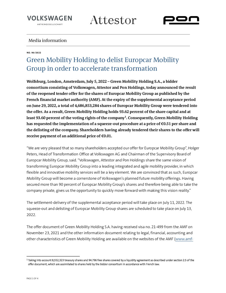 PM - Green Mobility Holding to delist Europcar Mobility Group in order to accelerate transformation
