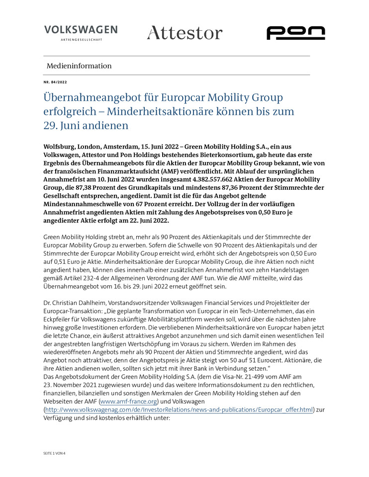PM - Übernahmeangebot für Europcar Mobility Group erfolgreich - Minderheitsaktionäre können bis zum 29. Juni andienen