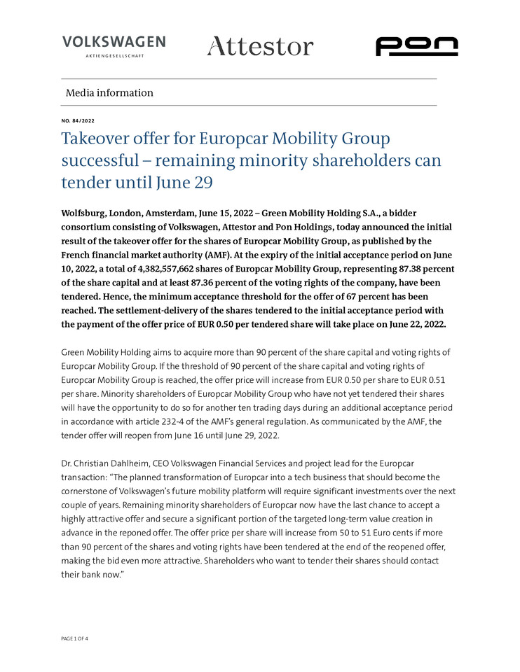 PM - Takeover offer for Europcar Mobility Group successful - remaining minority shareholders can tender until June 29