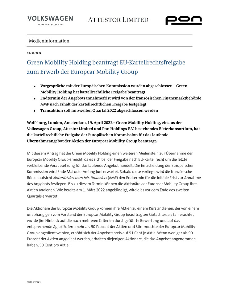 PM - Green Mobility Holding beantragt EU Kartellrechtsfreigabe zum Erwerb der Europcar Mobility Group
