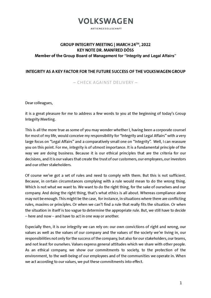 Volkswagen Group Speech – Integrity as a key factor for the future success of the Volkswagen Group