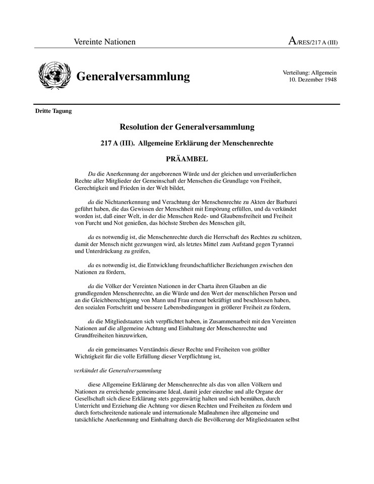 UN Allgemeine Menschenrechtserklärung