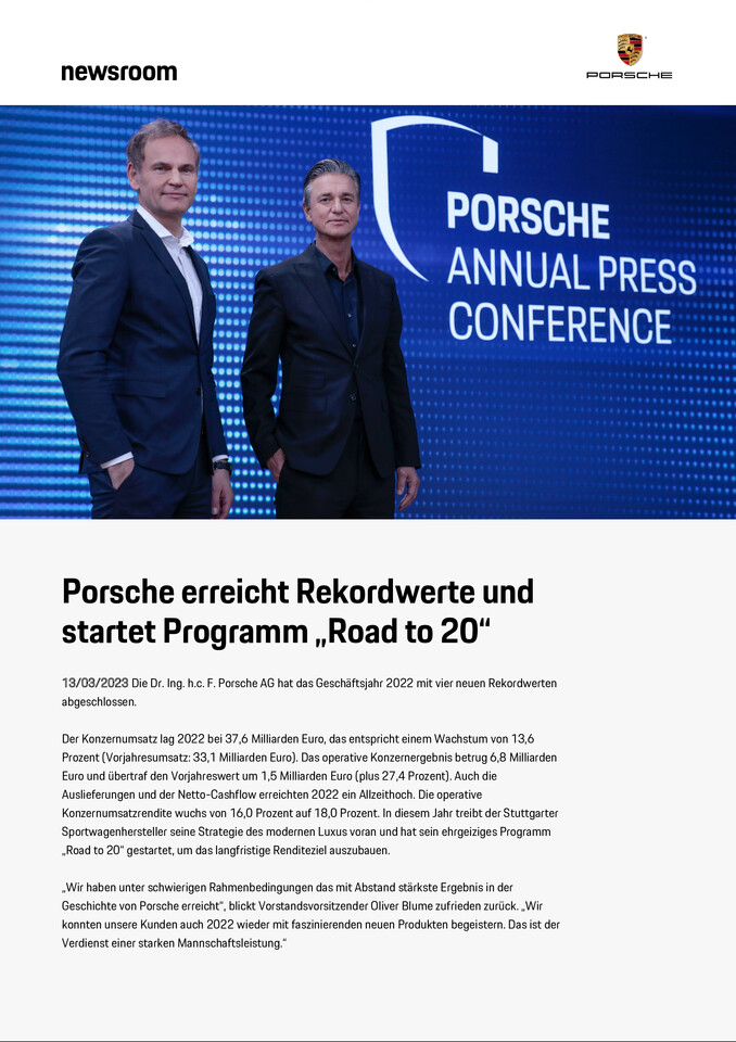Porsche erreicht Rekordwerte und startet Programm "Road to 20"