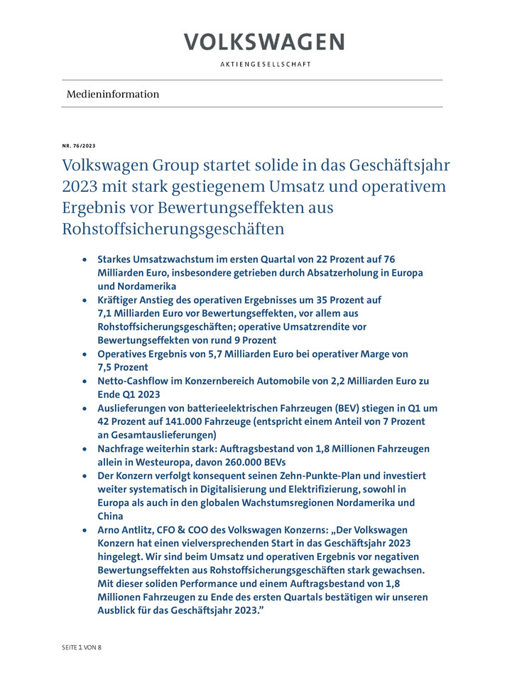 Pressemitteilung - Volkswagen Group startet solide in das Geschäftsjahr 2023 mit stark gestiegenem Umsatz und operativem Ergebnis vor Bewertungseffekten aus Rohstoffsicherungsgeschäften