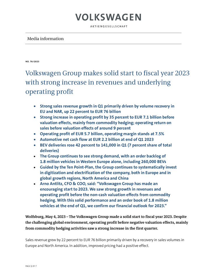 Press Release - Volkswagen Group makes solid start to fiscal year 2023 with strong increase in revenues and underlying operating profit