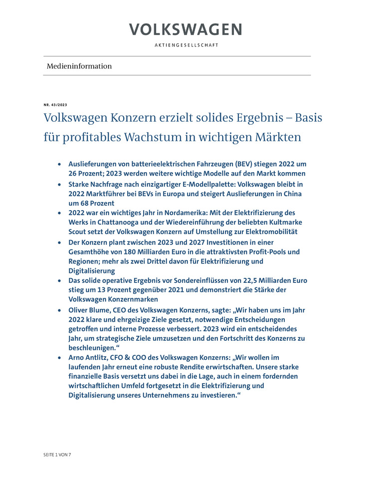 Pressemitteilung - Volkswagen Konzern erzielt solides Ergebnis – Basis für profitables Wachstum in wichtigen Märkten