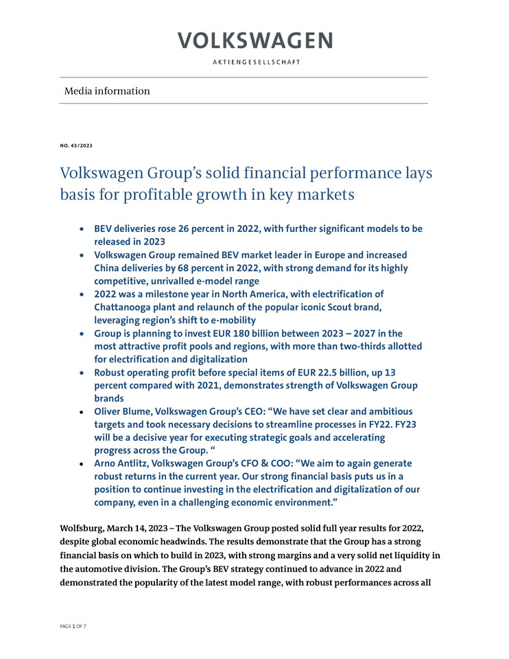 Press Release - Volkswagen Group’s solid financial performance lays basis for profitable growth in key markets