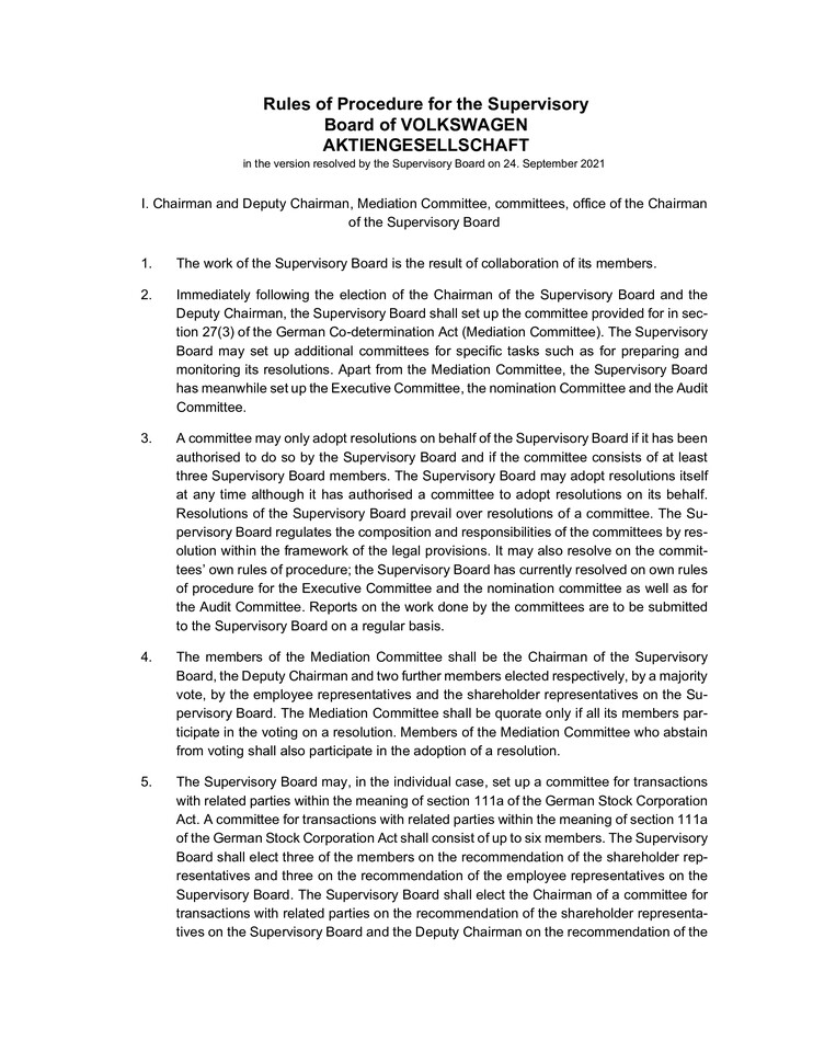 Rules of Procedure for the Supervisory Board of VOLKSWAGEN AKTIENGESELLSCHAFT