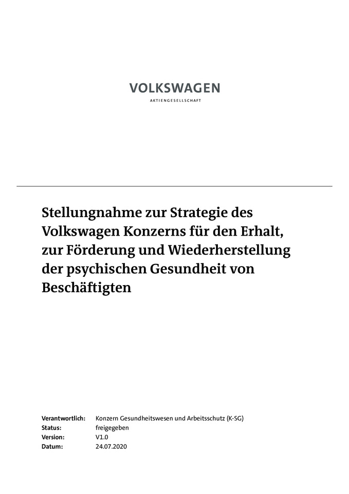 Stellungnahme zur Strategie des Volkswagen Konzerns für den Erhalt, zur Förderung und Wiederherstellung der psychischen Gesundheit von Beschäftigten