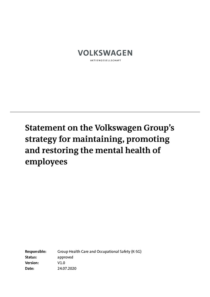 Statement on the Volkswagen Group’s strategy for maintaining, promoting and restoring the mental health of employees