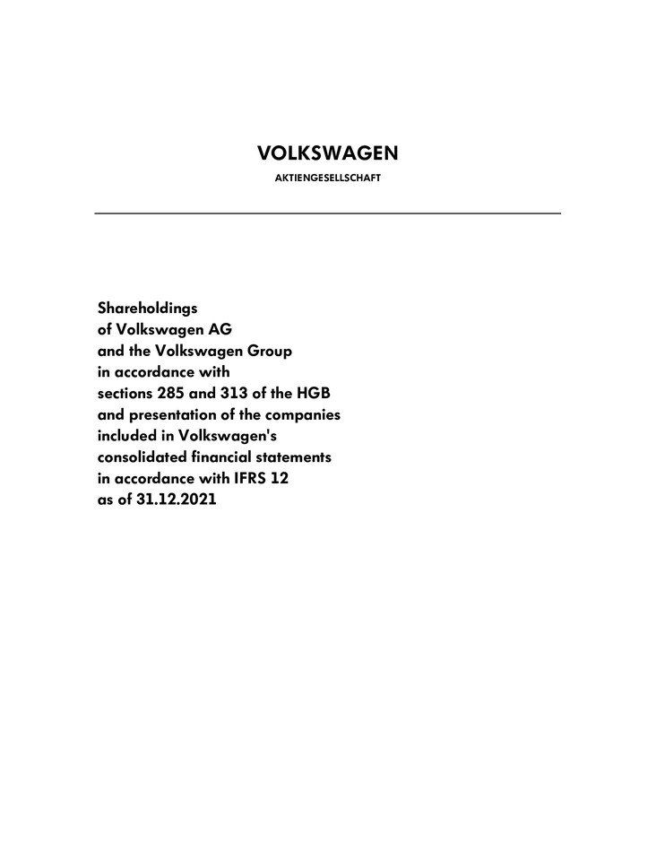 Shareholdings of Volkswagen AG and the Volkswagen Group as of December 31, 2021