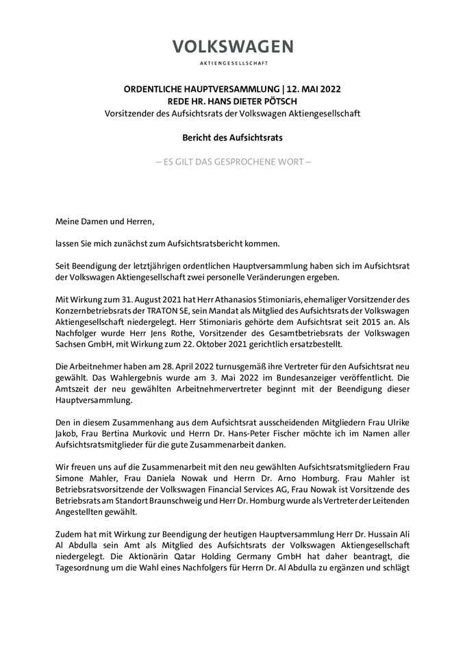 Bericht des Aufsichtsrats - Vorabveröffentlichung: Rede von Hans Dieter Pötsch - Aufsichtsratsvorsitzender