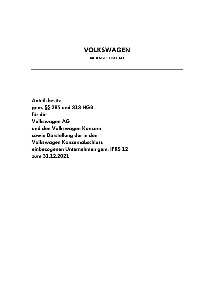 Anteilsbesitz für die Volkswagen Aktiengesellschaft und den Volkswagen Konzern zum 31.12.2021