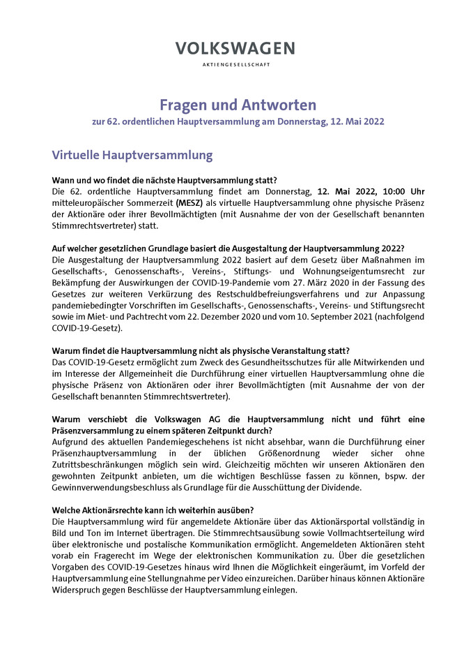 Fragen und Antworten zur 62. ordentlichen Hauptversammlung 2022