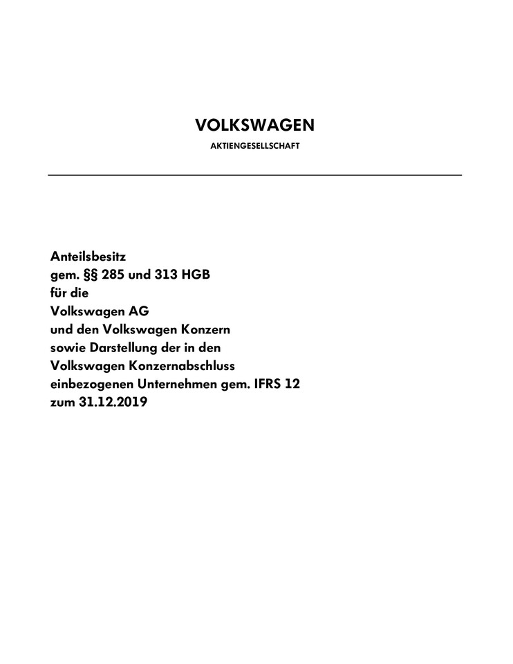 Anteilsbesitz für die Volkswagen AG und den Volkswagen Konzern zum 31.12.2019
