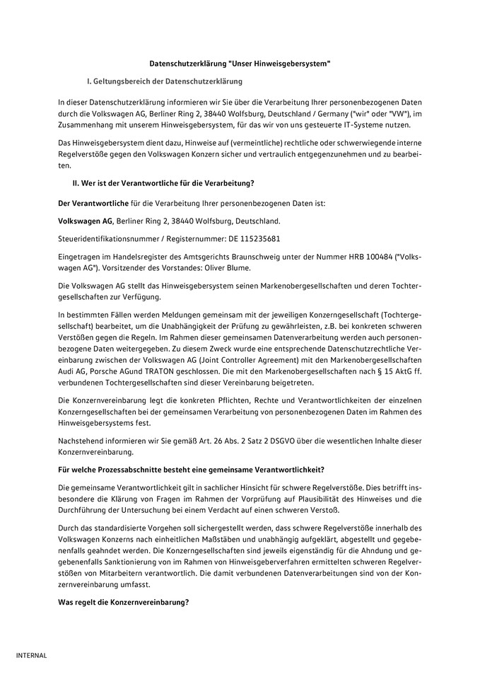 Hinweise zum Datenschutz im Hinweisgebersystem der Volkswagen AG