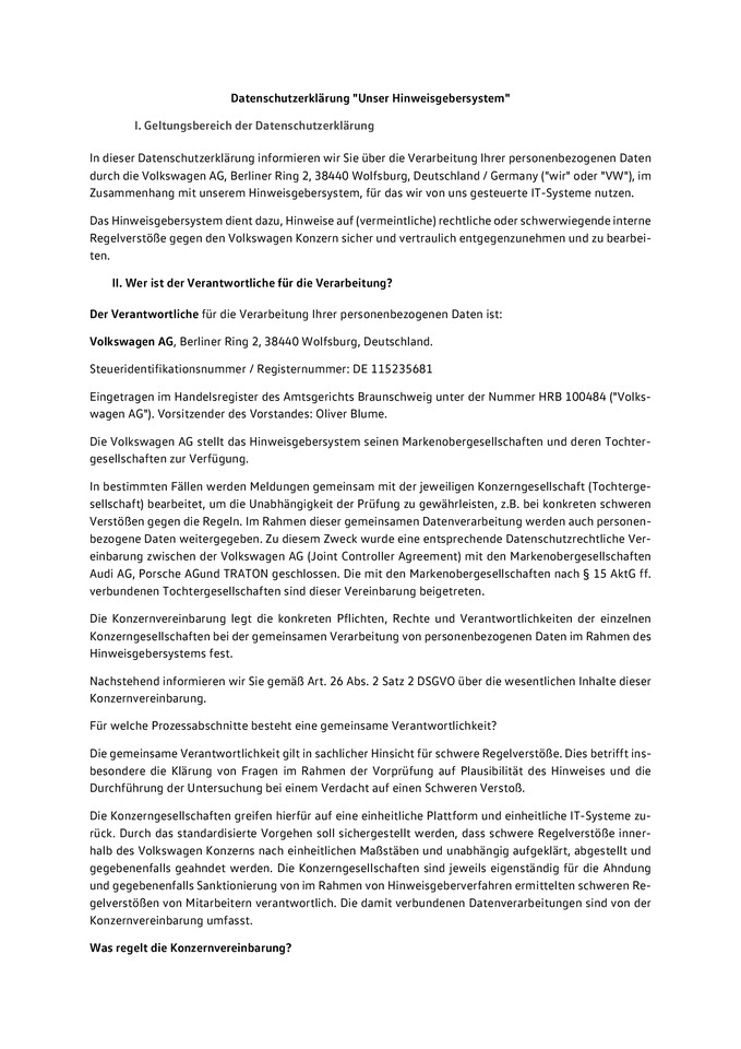Hinweise zum Datenschutz im Hinweisgebersystem der Volkswagen AG