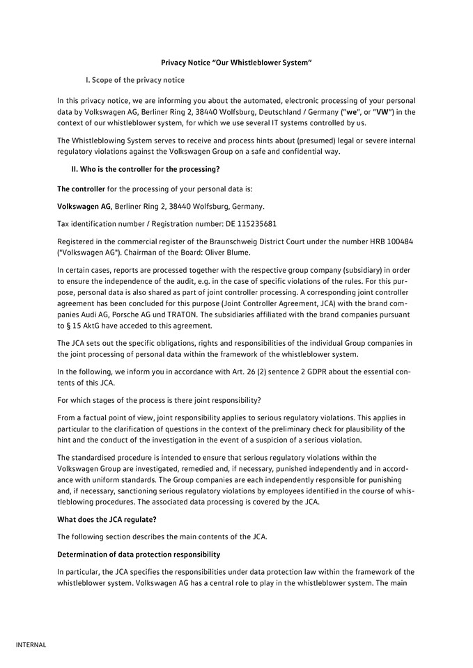 Data Protection Whistleblowersystem VW AG