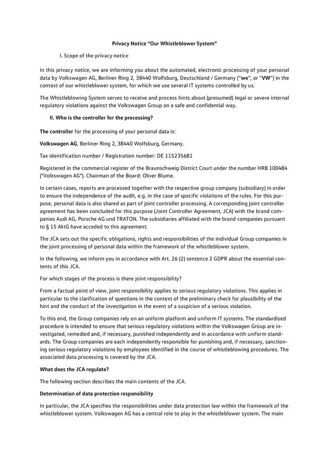 Data Protection Whistleblowersystem VW AG