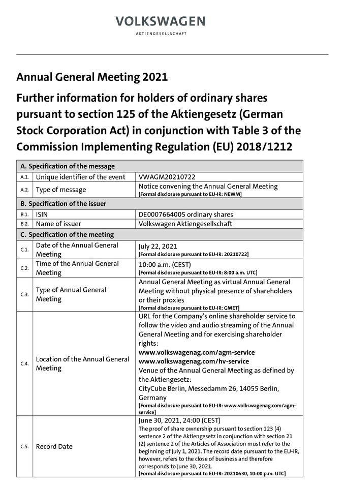 Further information for holders of ordinary shares regarding the convening of the AGM Information pursuant to section 125 of the Aktiengesetz (German Stock Corporation Act)