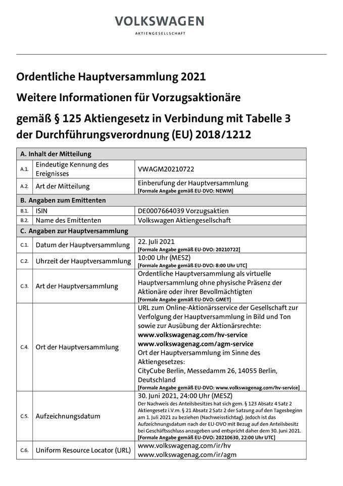 Weitere Informationen über die Einberufung der Hauptversammlung für Vorzugsaktionäre Informationen gemäß § 125 Aktiengesetz
