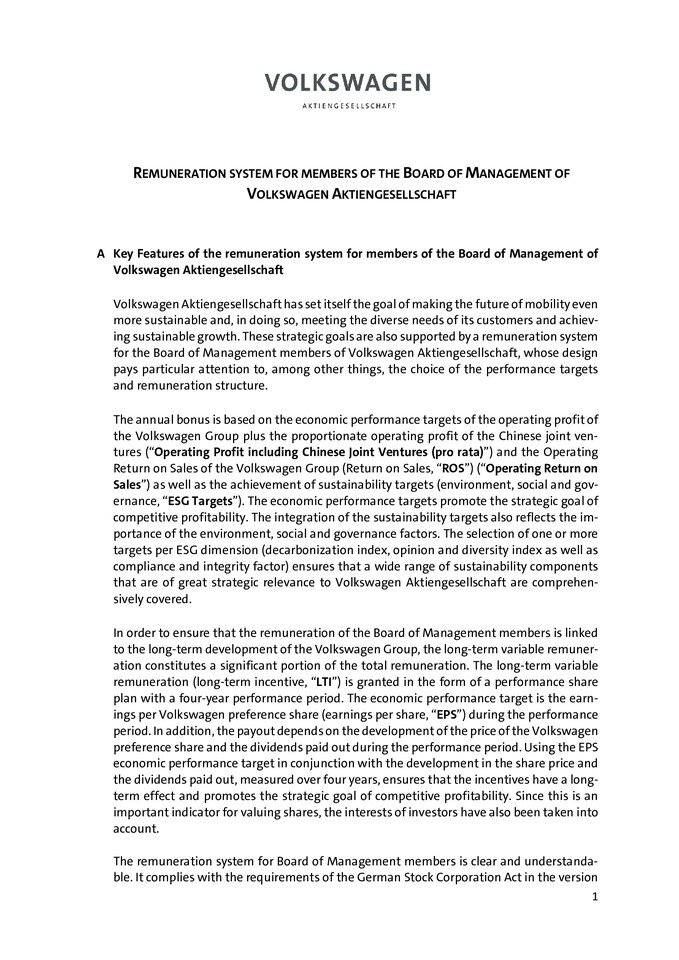 Annex to Agenda Item 6 Remuneration system for the members of the Board of Management of Volkswagen Aktiengesellschaft