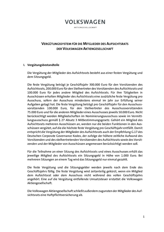 Anlage zu Tagesordnungspunkt 7 Vergütungssystem für die Mitglieder des Aufsichtsrats der Volkswagen Aktiengesellschaft