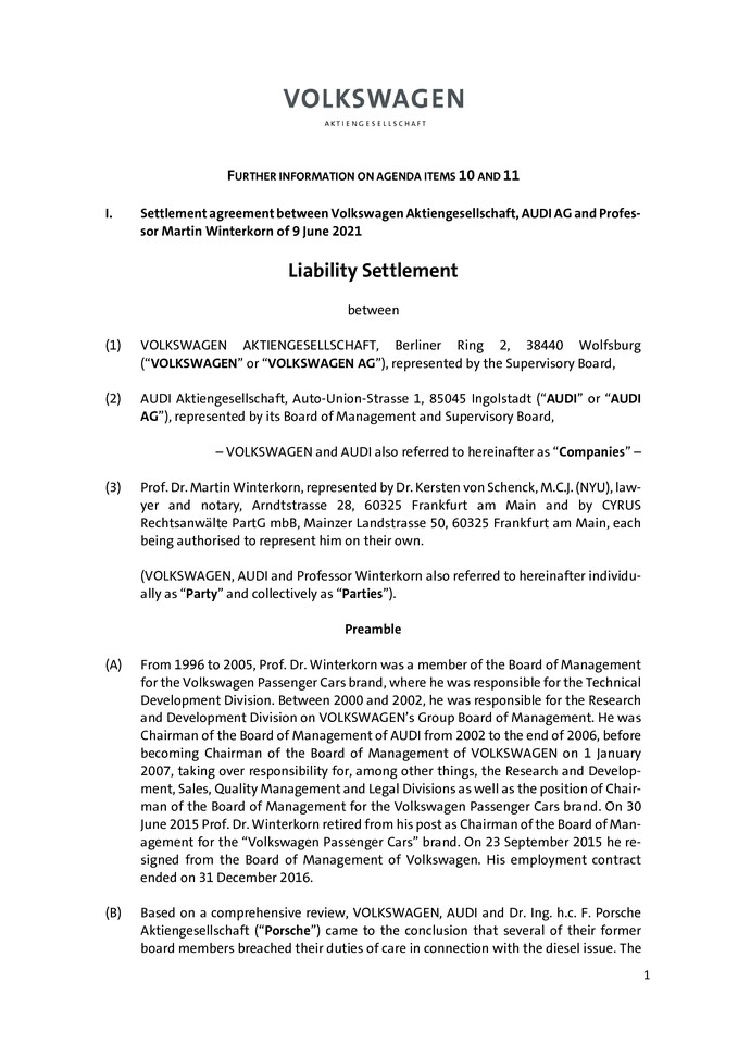 Annex to Agenda Items 10 and 11 Settlement agreements between Volkswagen Aktiengesellschaft, Audi and Porsche with Prof. Dr. Winterkorn, Mr. Stadler and D&O Insurers