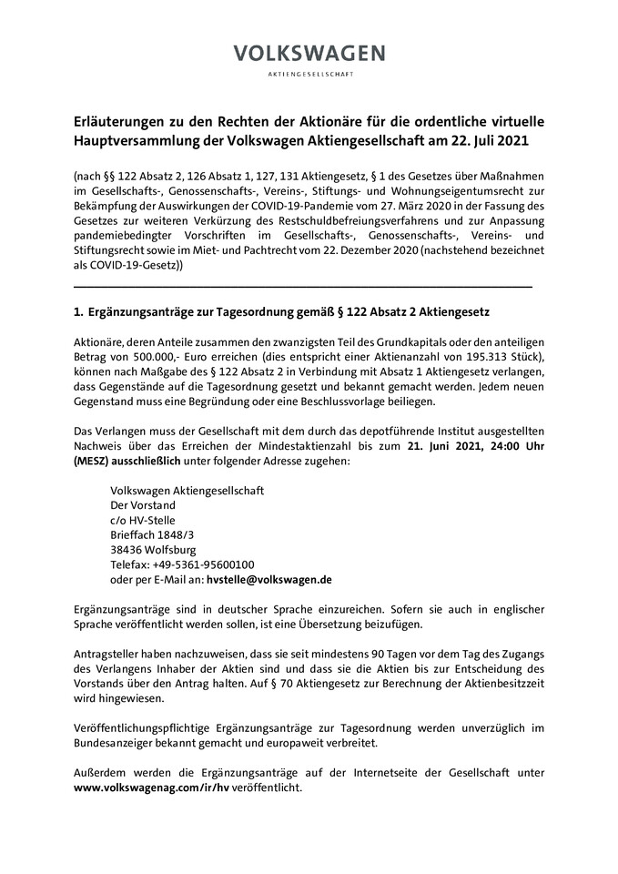Erläuterungen zu den Rechten der Aktionäre