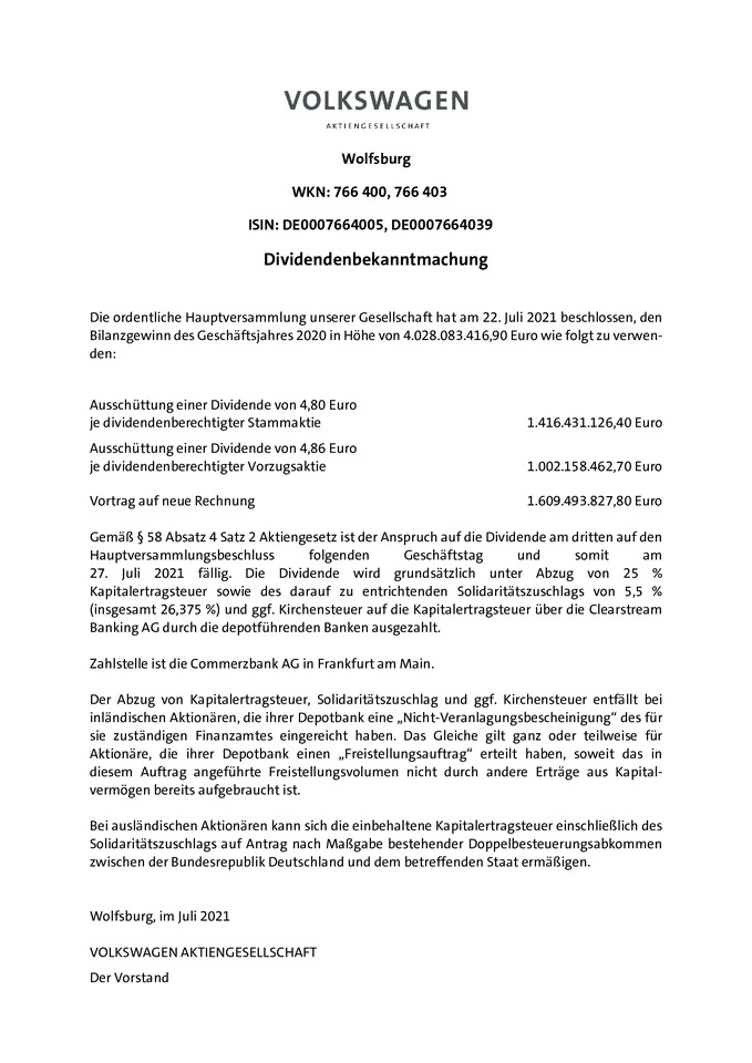 Dividendenbekanntmachung