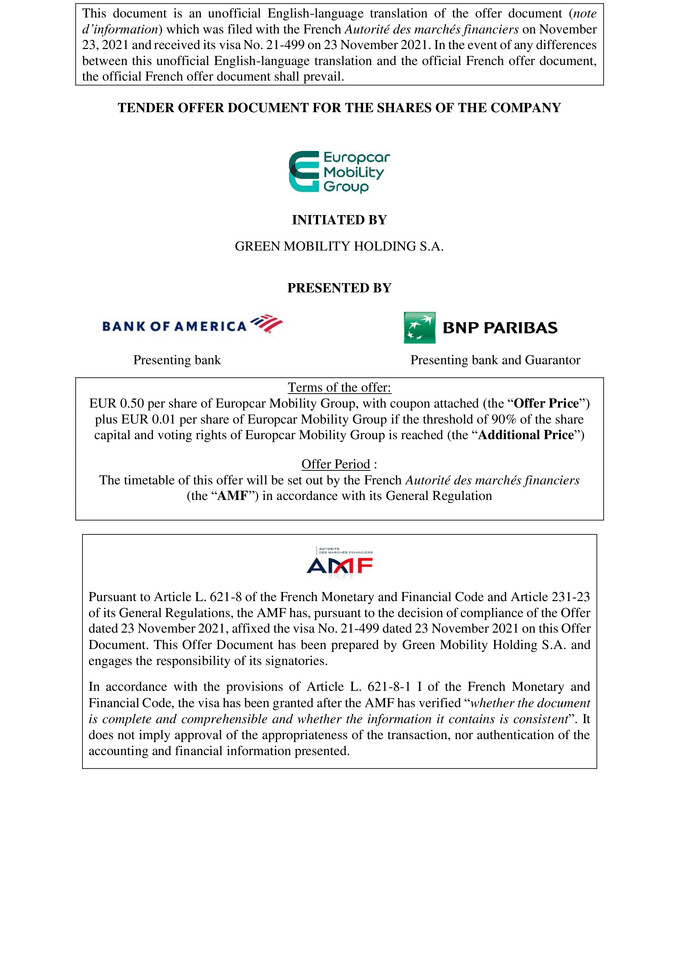 Offer document relating to the public tender offer of Green Mobility Holding S.A. on Europcar Mobility Group