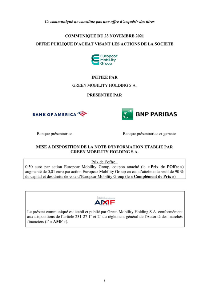 PR - Mise à disposition de la note d'information relative à l'offre public d'achat de Green Mobility Holding S.A. sur Europcar Mobility Group