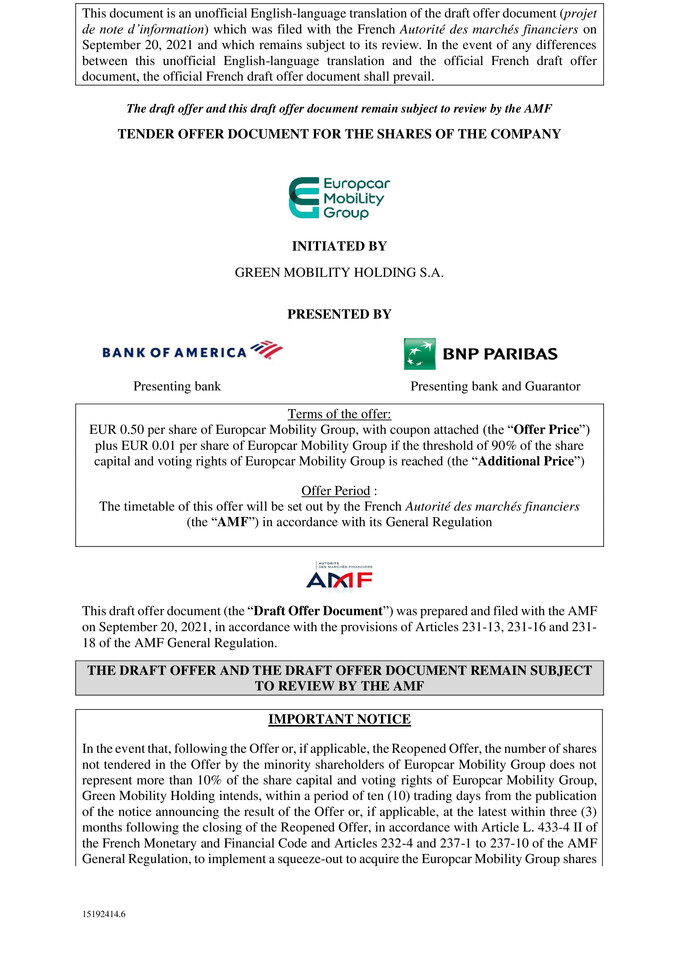 Green Mobility Holding’s draft offer document relating to the proposed tender offer for Europcar Mobility Group of 20 September 2021