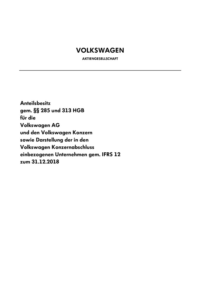 Volkswagen AG Anteilsbesitz für die Volkswagen AG und den Volkswagen Konzern zum 31.12.2018