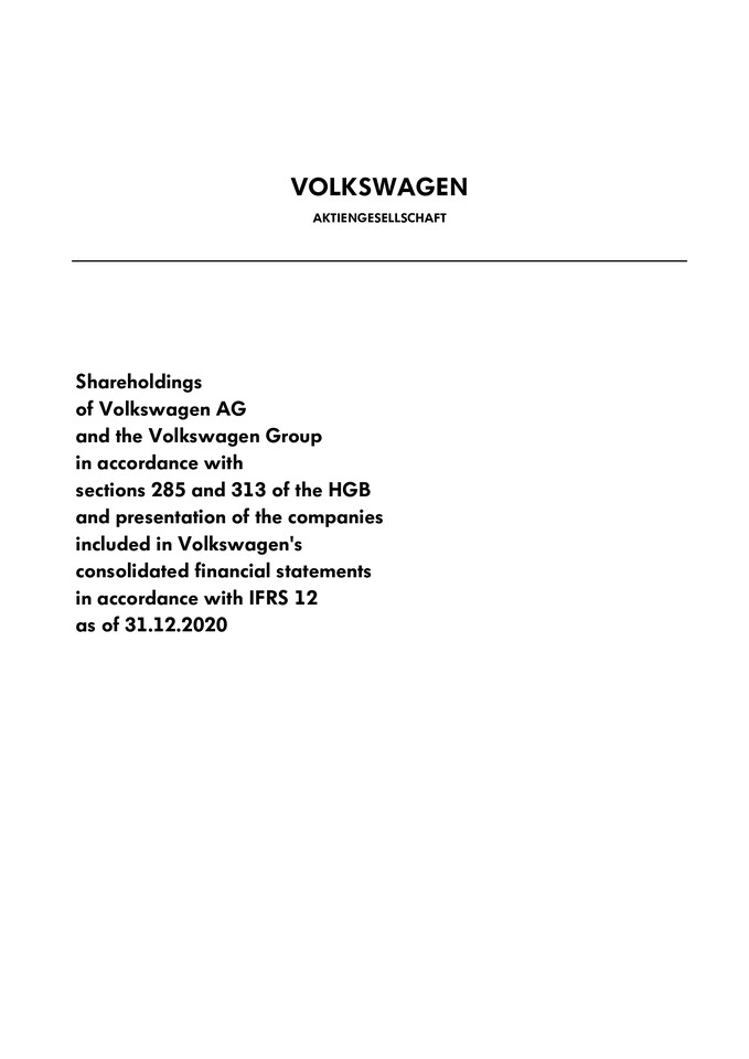 Shareholdings of Volkswagen AG and the Volkswagen Group as of December 31, 2020