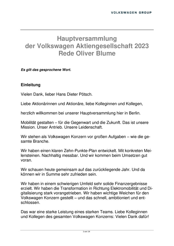 Redemanuskript des Vorstandsvorsitzenden (Vorabveröffentlichung)