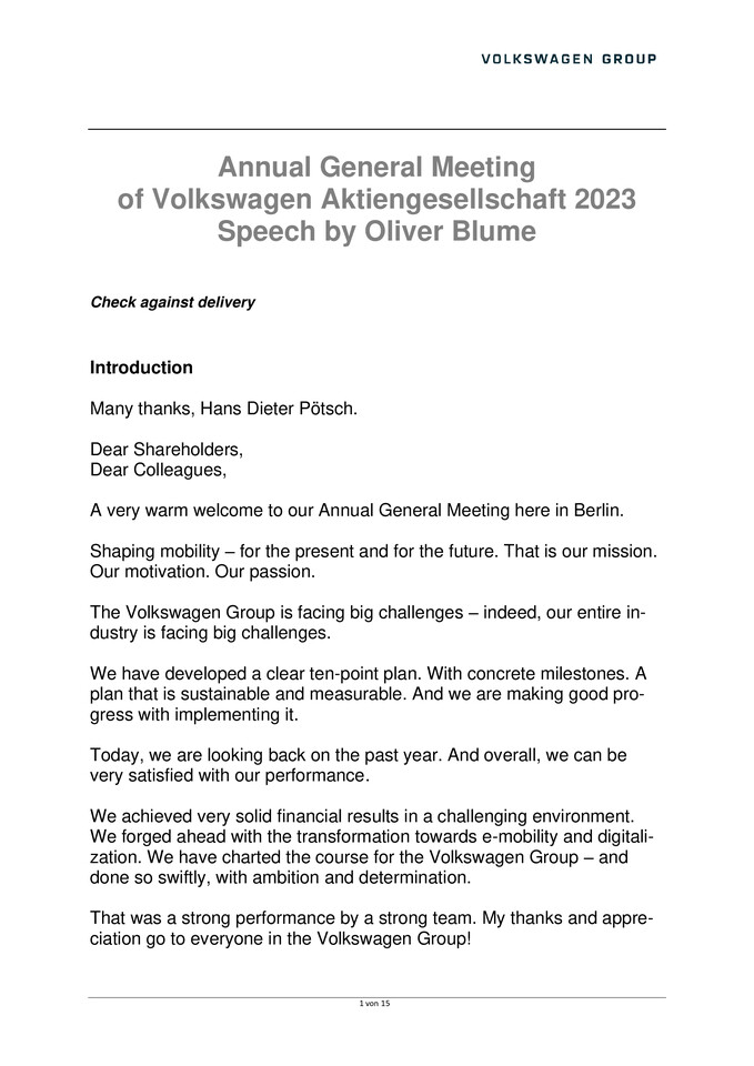 Manuscript of the speech of the CEO (Pre-release)