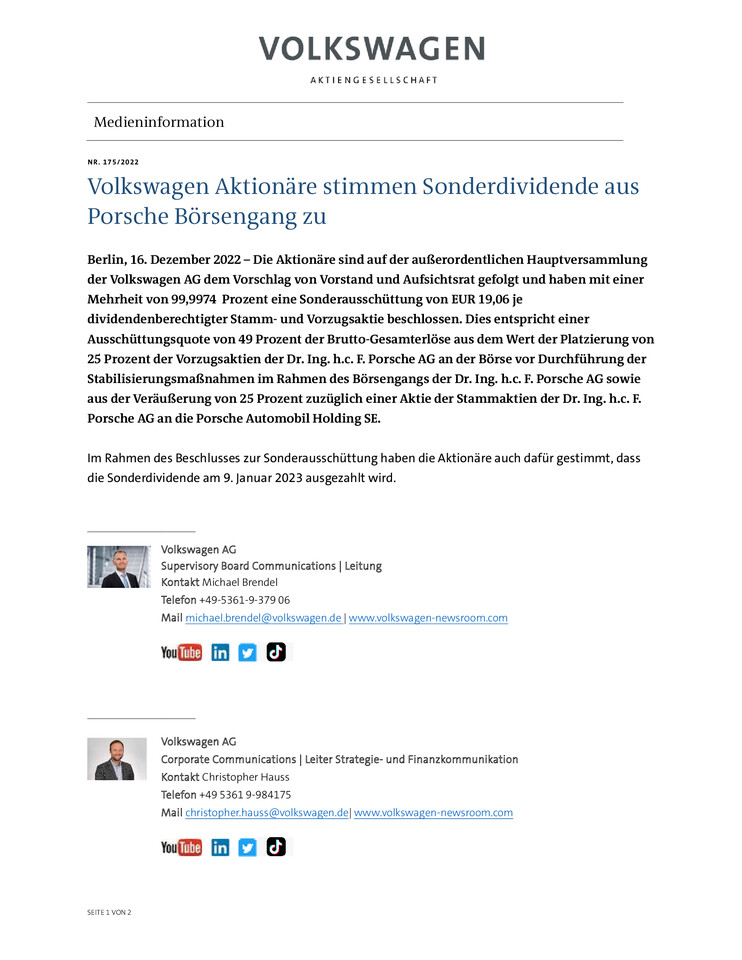 Pressemitteilung - VW Aktionäre stimmen Sonderdividende zu