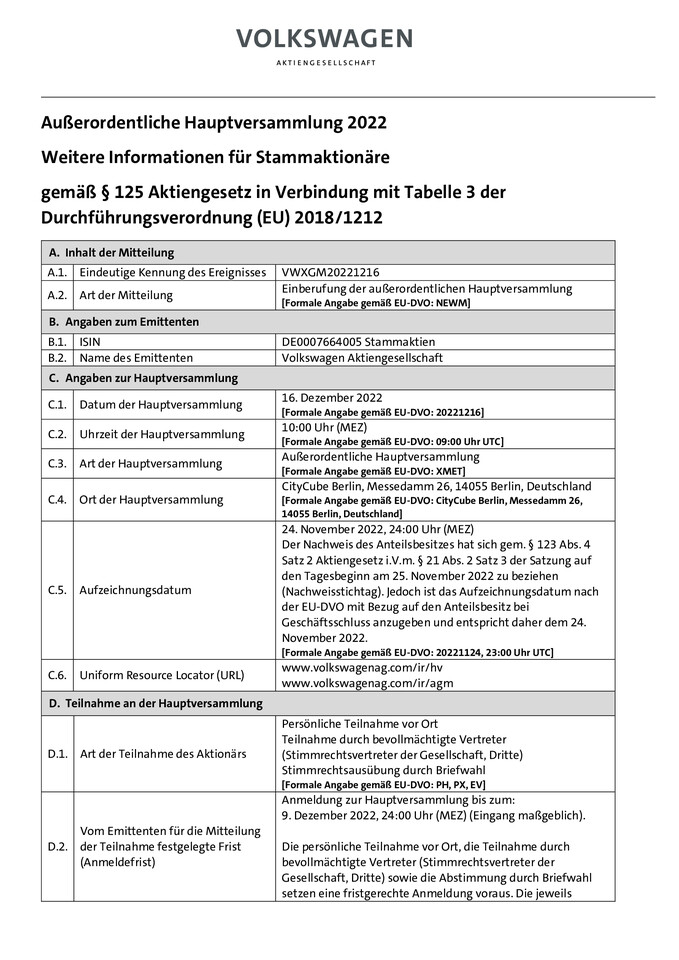 Weitere Informationen über die Einberufung der außerordentlichen Hauptversammlung für Stammaktionäre