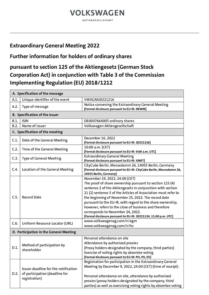 Further information for holders of ordinary shares regarding the convening of the Extraordinary General Meeting