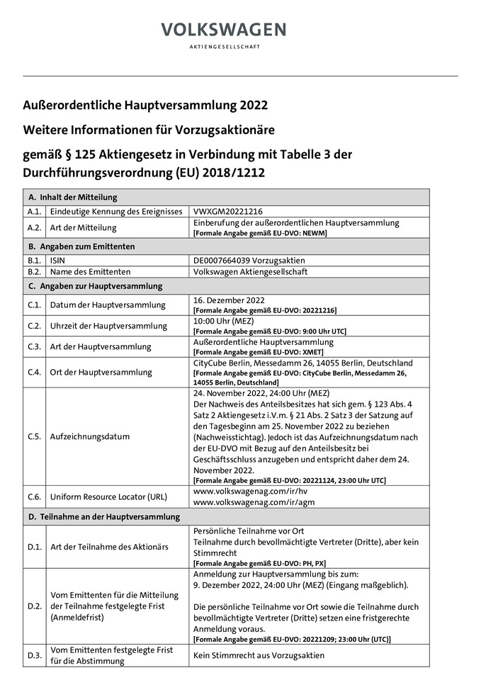 Weitere Informationen über die Einberufung der außerordentlichen Hauptversammlung für Vorzugsaktionäre